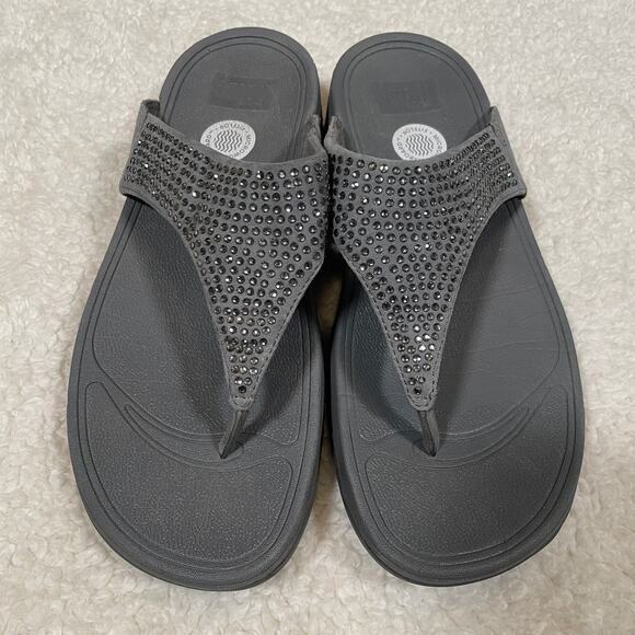 FitFlop Rokkit Thong Sandals Rhinestones Suede Gray Platform 9 - Picture 1 of 6